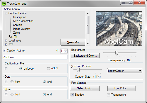 AbelCam Webcam-Software mit Livebild und Caption-Konfiguration